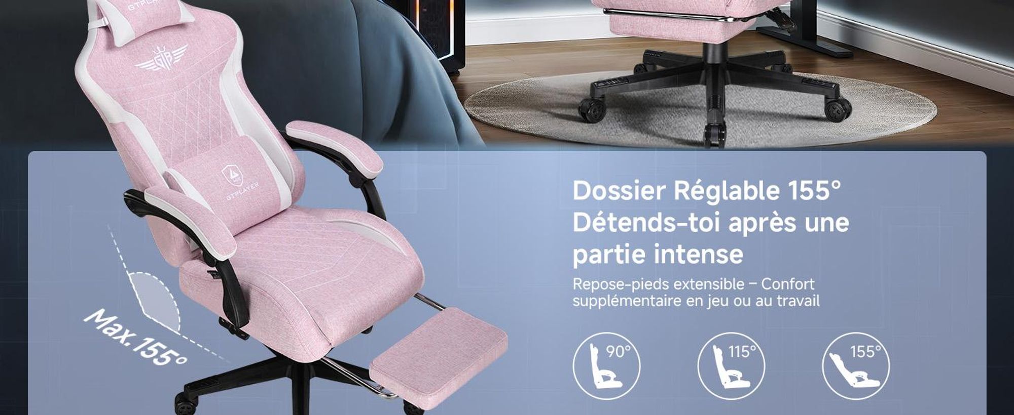 Chaise de jeu GTPLAYER, Chaise de jeu ergonomique en lin avec soutien lombaire, Chaise PC avec dossier élargi, supporte jusqu'à 150 kg, Rose