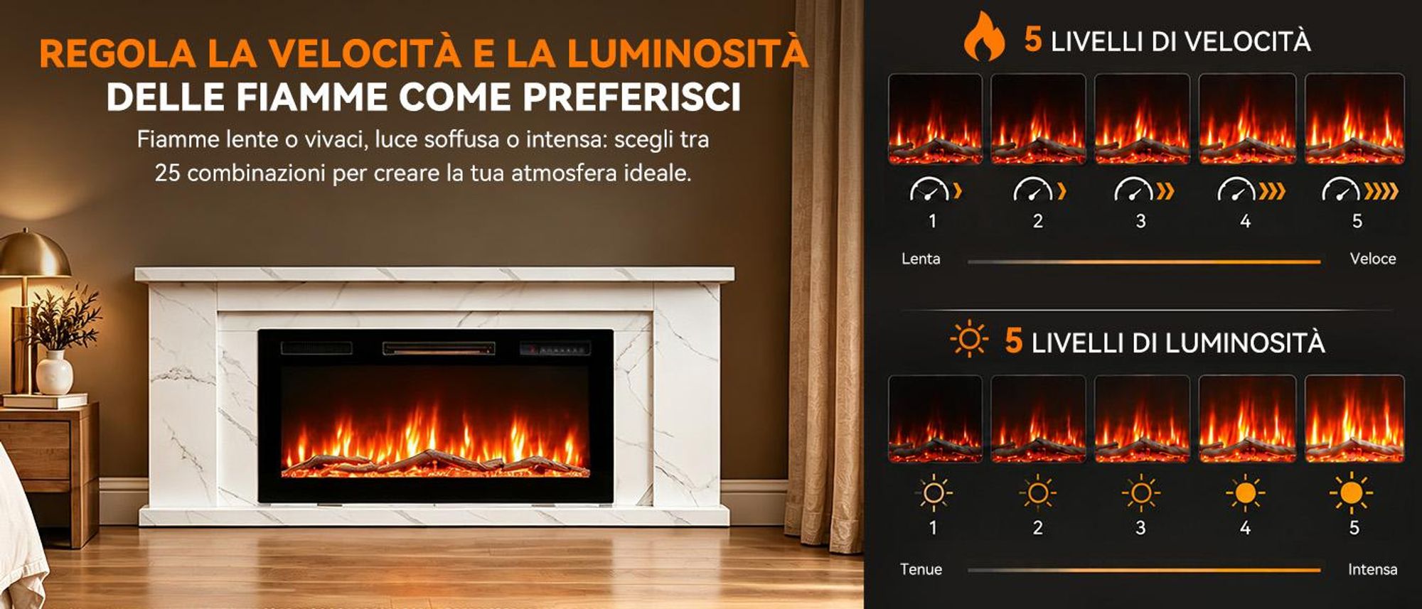 1000/2000 W con due livelli di riscaldamento, fiamma e riscaldamento utilizzabili separatamente