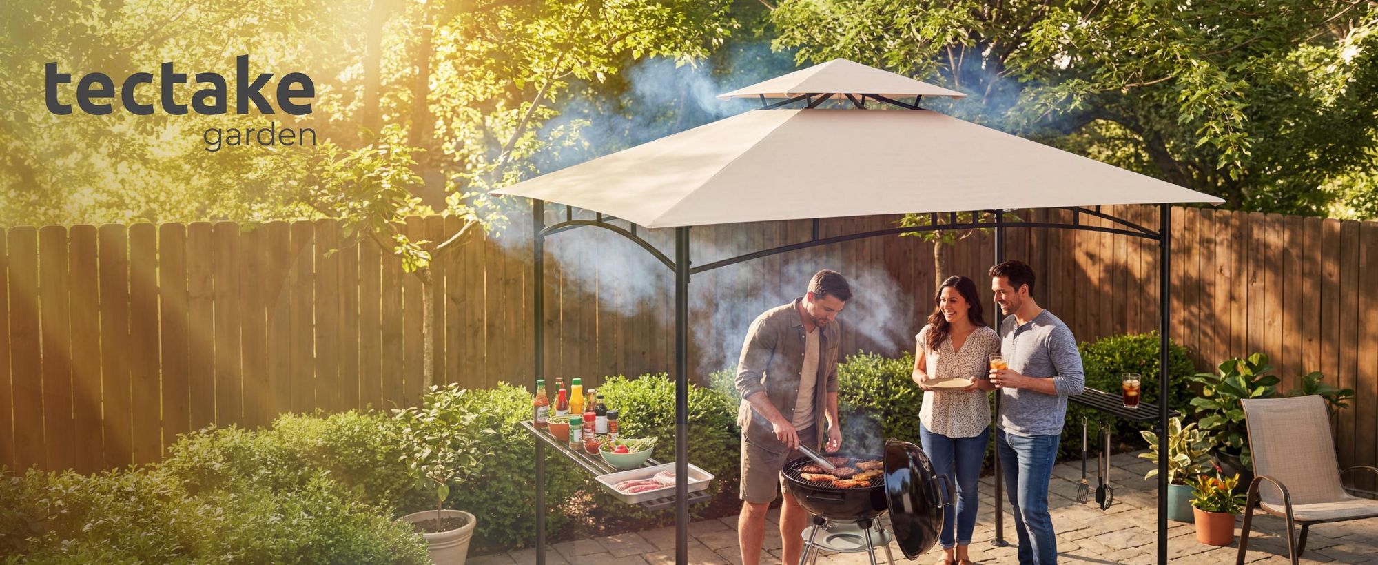 tectake® Grillpavillon wetterfest UV-Schutz Stahl anthrazit 240x150x250cm 2 Ablagen