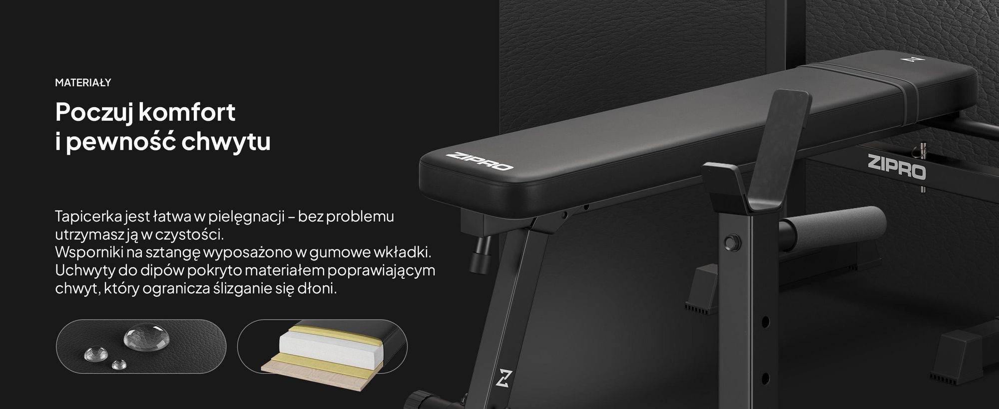 Ławka do ćwiczeń z półką na sztangę Zipro Core – składana ławka do wyciskania na płaskiej ławce z drążkiem do dipów. Obciążenie do 230 kg. Oszczędność miejsca.