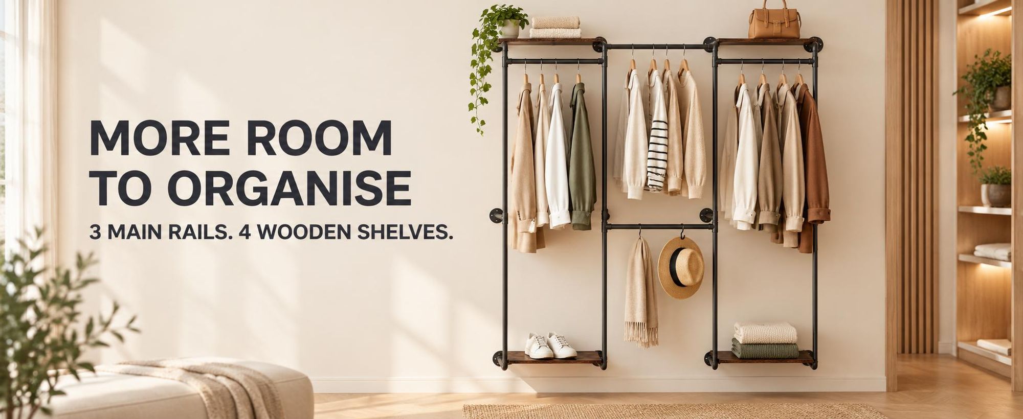 WISFOR Schwerlast Kleiderstange Garderobenstange mit 2 Ablagen, Industrie Garderobenständer Wandmontage, Garderobe für begehbaren Kleiderschrank