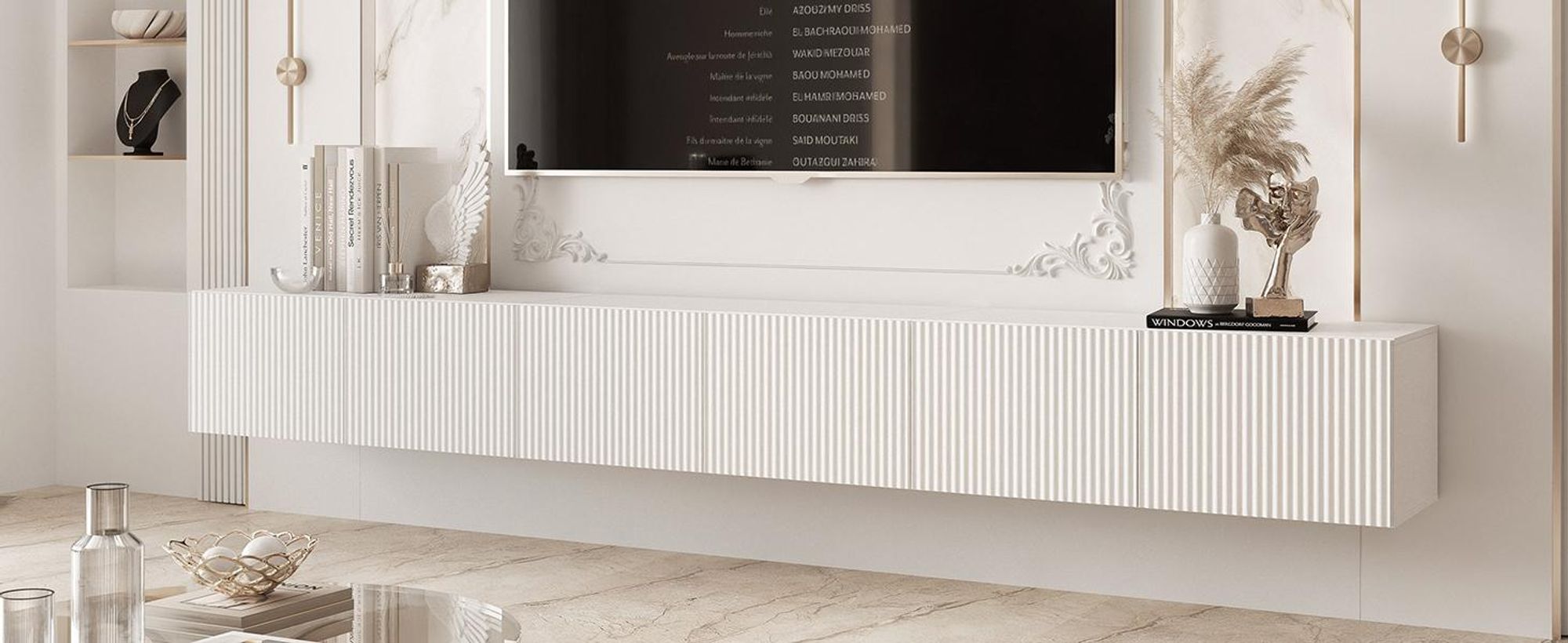 Idohome TV-Lowboard Angel 300 cm Weiß Matt -TV-Schrank, Hängeschrank, LED, Push-to-Open, Fernsehschrank, geriffelte Front, Medienmöbel, Wohnzimmer