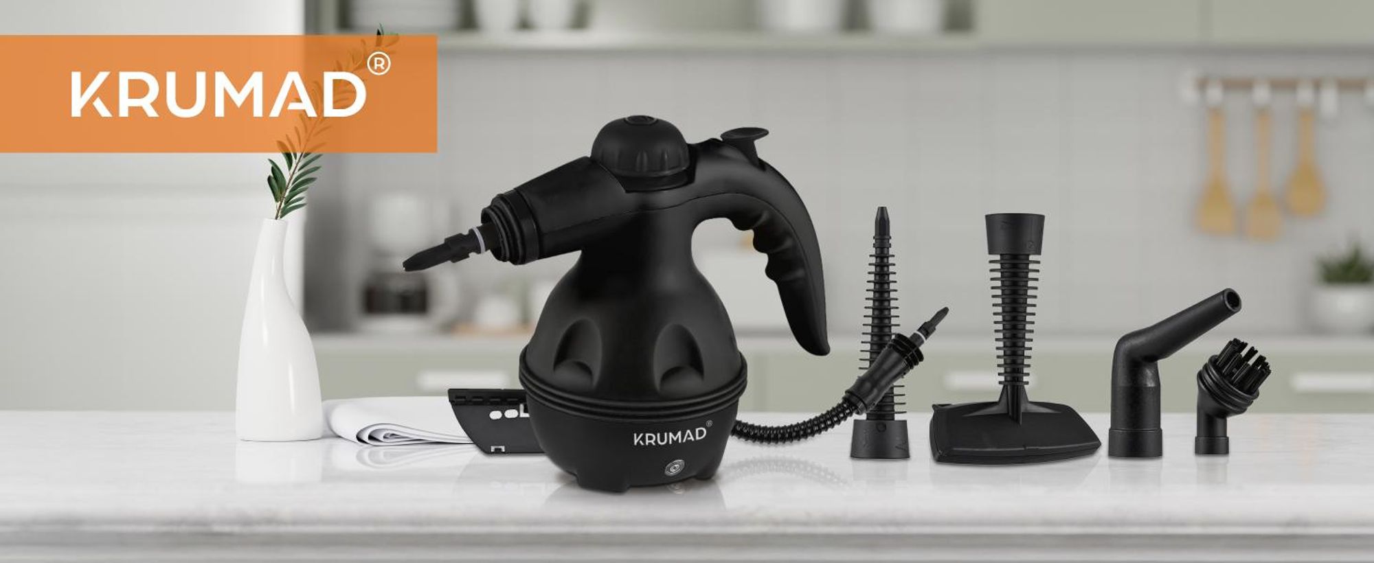 KRUMAD Hand-Dampfreiniger 1000 W – 13-teiliges Set mit Bürste, kompakter Dampfreiniger für Küche, Bad, Fenster, Fugen & Polster