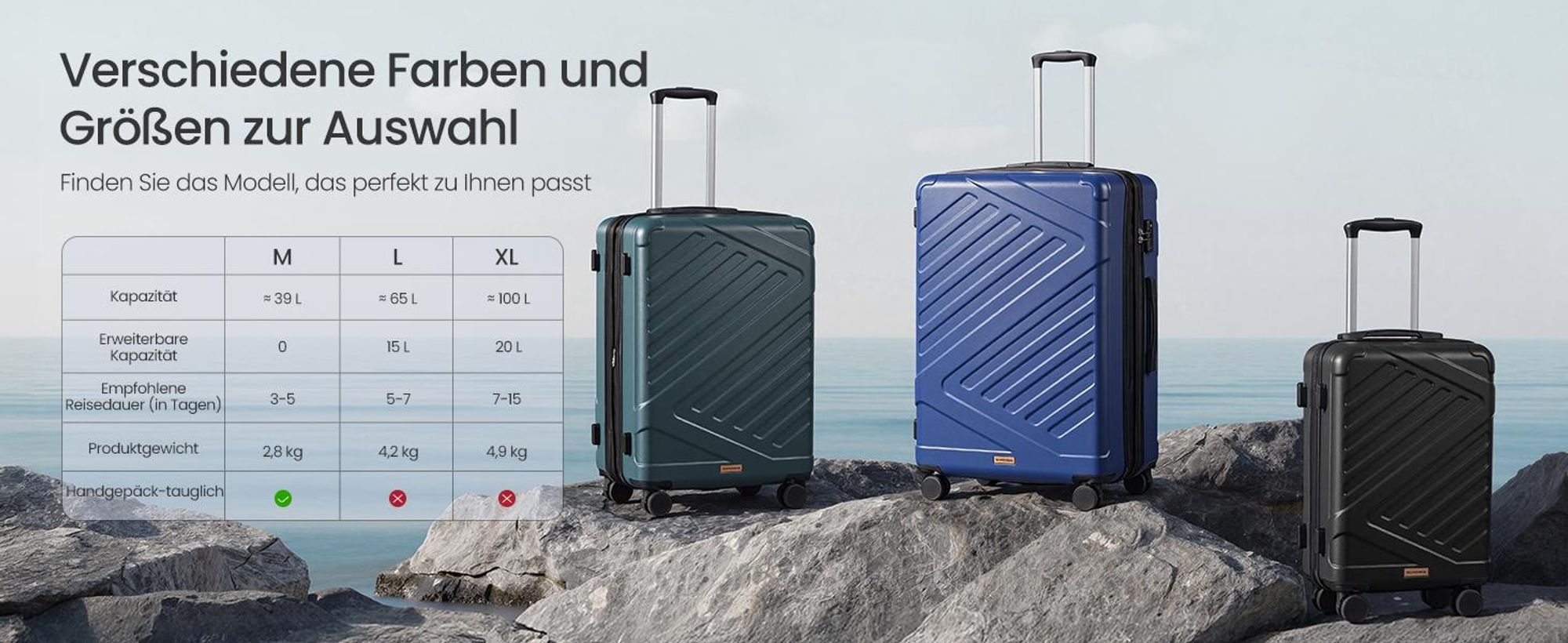 SONGMICS Koffer, Hartschalenkoffer mit TSA-Schloss und Koffergurt, erweiterbar, L, 65 cm, für Urlaub, 4 Rollen, türkis