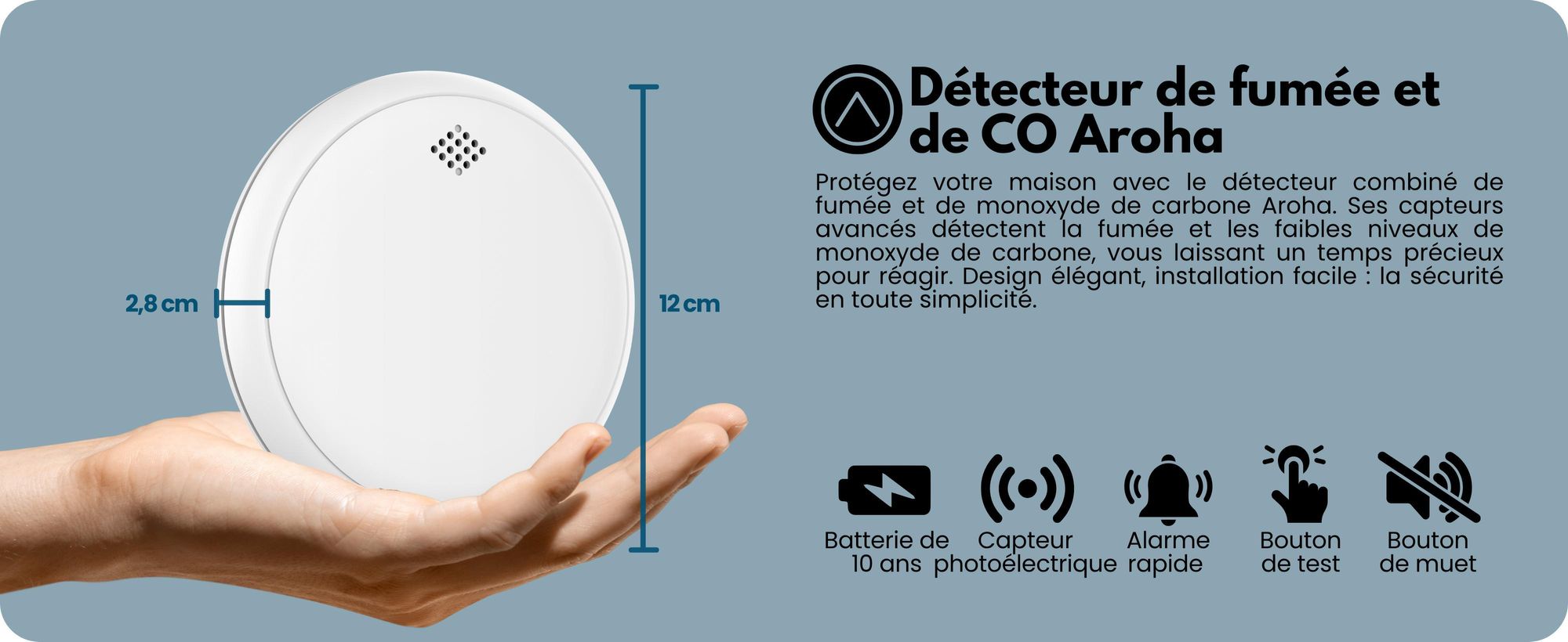Aroha Safety Pro Détecteur Combiné avec Fumée et Monoxyde de Carbone - Batterie de 10 Ans -Alarme Incendie & de Monoxyde de CO Sleep Line - 5 pièces