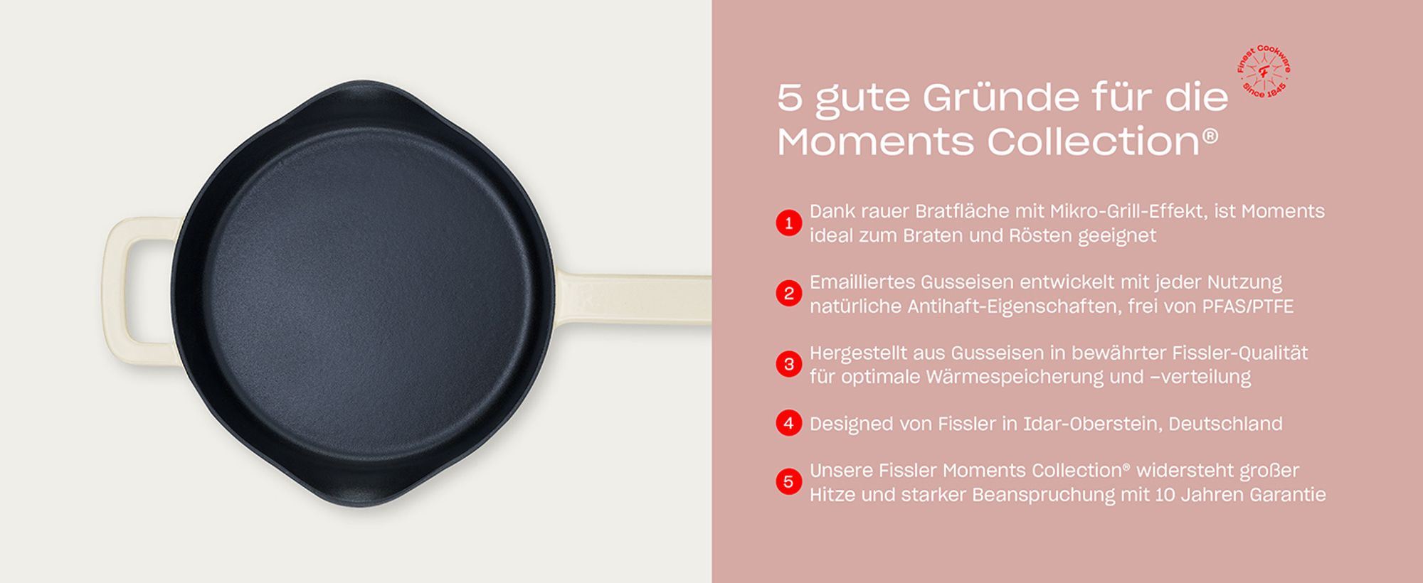 Fissler Moments Collection / Emaillierte Gusseisen-Pfanne (Ø 26 cm) antihaftend, hoher Rand, mit Ausgießern, Aufhänge-Öse, PFAS/PTFE-frei, Induktion – Elfenbeinweiß