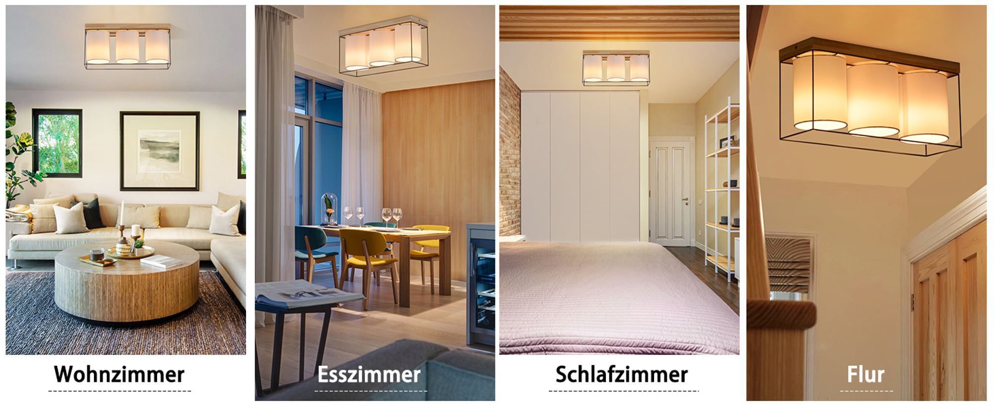 ZMH Deckenlampe Wohnzimmer Deckenleuchte Holz 3 Flammig E14  Wohnzimmerlampe mit StoffLampenschirm Industrial Retro Esszimmerlampe (ohne Leuchtmittel)
