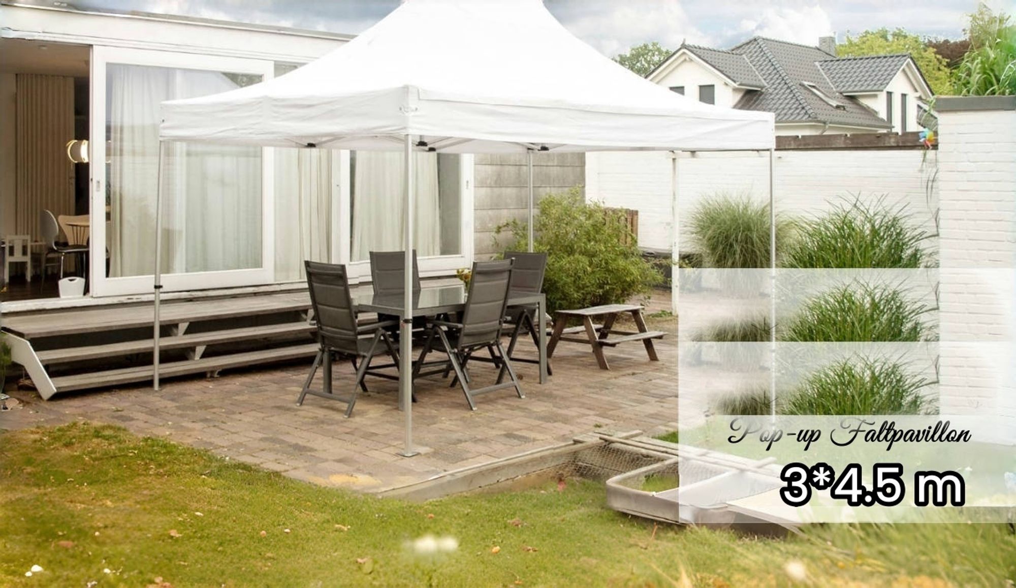 Faltpavillon Pavillon 3x4,5m, Festzelt Gartenpavillon für Garten Terrasse Feier Party, wasserdicht stabil Winterfest & UV-Schutz mit 4 Seitenteilen , 12 Heringe & 4 Seile & 1 Tragetasche, Grau