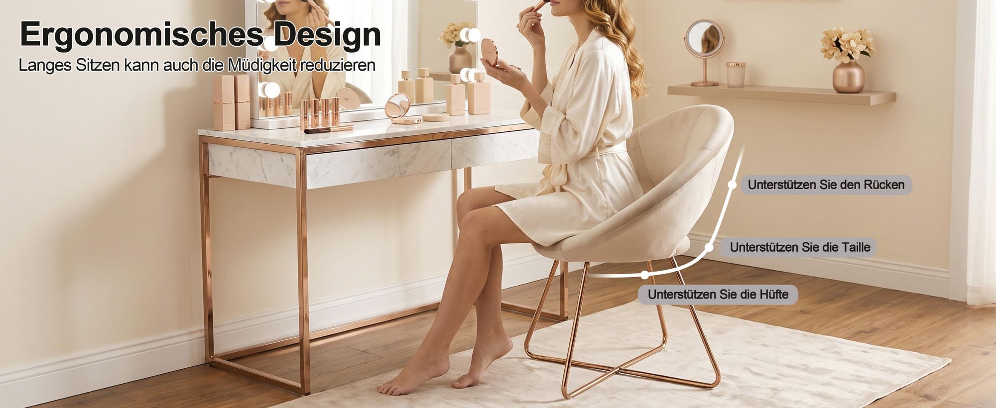 Duhome Esszimmerstuhl Schminktisch Stuhl Wohnzimmerstuhl Samt Sessel Küchenstuhl Polsterstuhl mit Gold Metallbeine, Beige