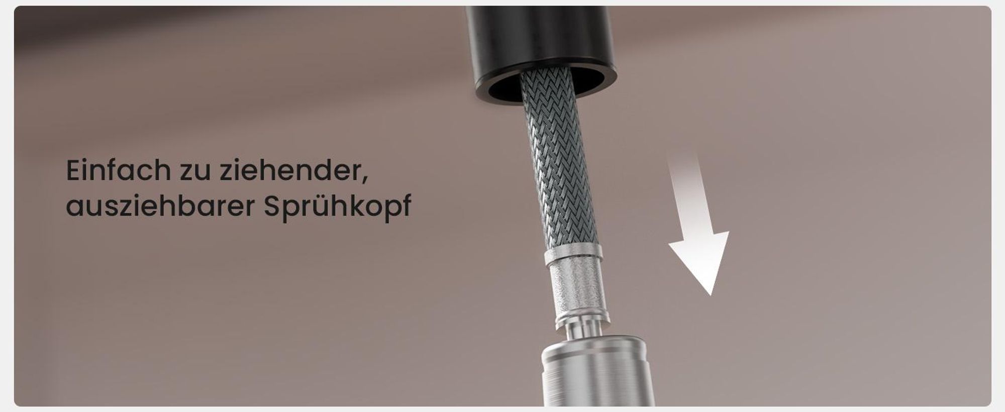 Küchenarmatur Edelstahl 304 Schwarz gebürstet Hochbogen mit 400mm Ausziehschlauch 360° drehbar 2 Wasserstrahlmodi metallfreier Wasserweg