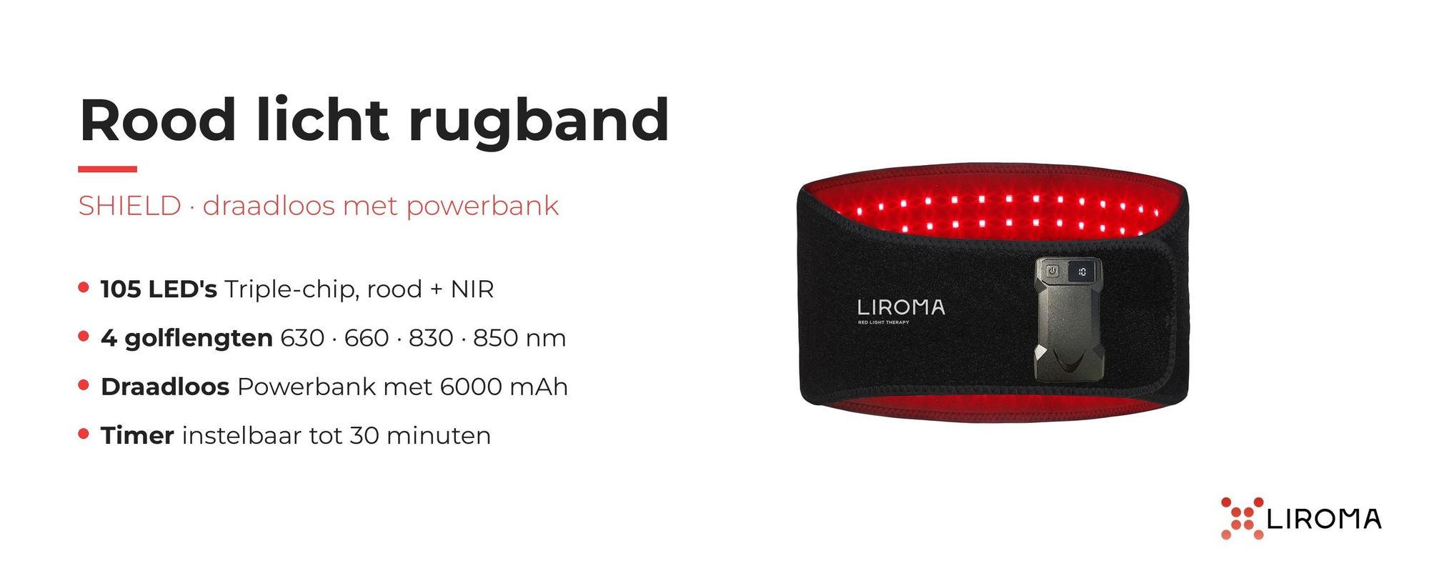 LIROMA SHIELD rood licht rugband met 105 LED's, 4 golflengten en powerbank van 6000 mAh