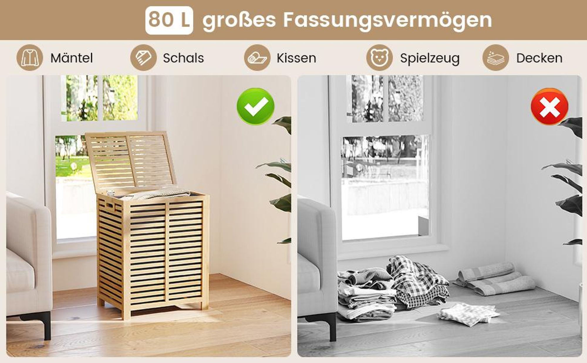 COSTWAY Wäschekorb mit Deckel Groß, 80L Wäschesammler Bambus, Wäschebox mit Wäschesack herausnehmbar & waschbar, Wäschetruhe wäscheschrank für Bad, Schlafzimmer, Wohnzimmer