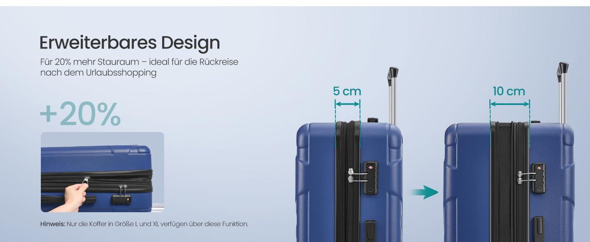 SONGMICS Koffer, Hartschalenkoffer mit TSA-Schloss und Koffergurt, erweiterbar, XL, 75 cm, für Urlaub, 4 Rollen, blau