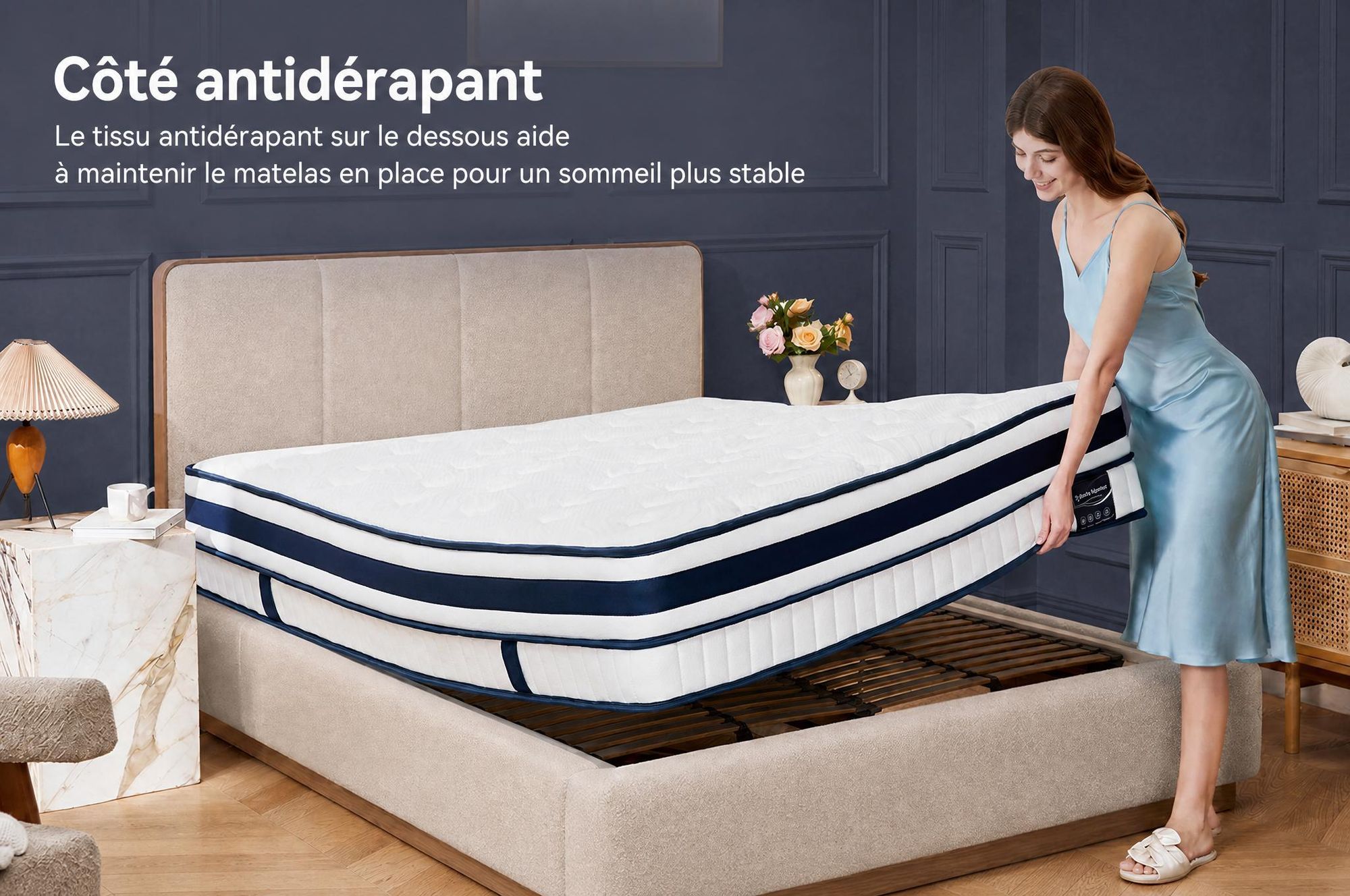 Matelas 180x200 cm, hauteur 30 cm, avec topper intégré, matelas à ressorts ensachés 7 zones, fermeté H3/H4