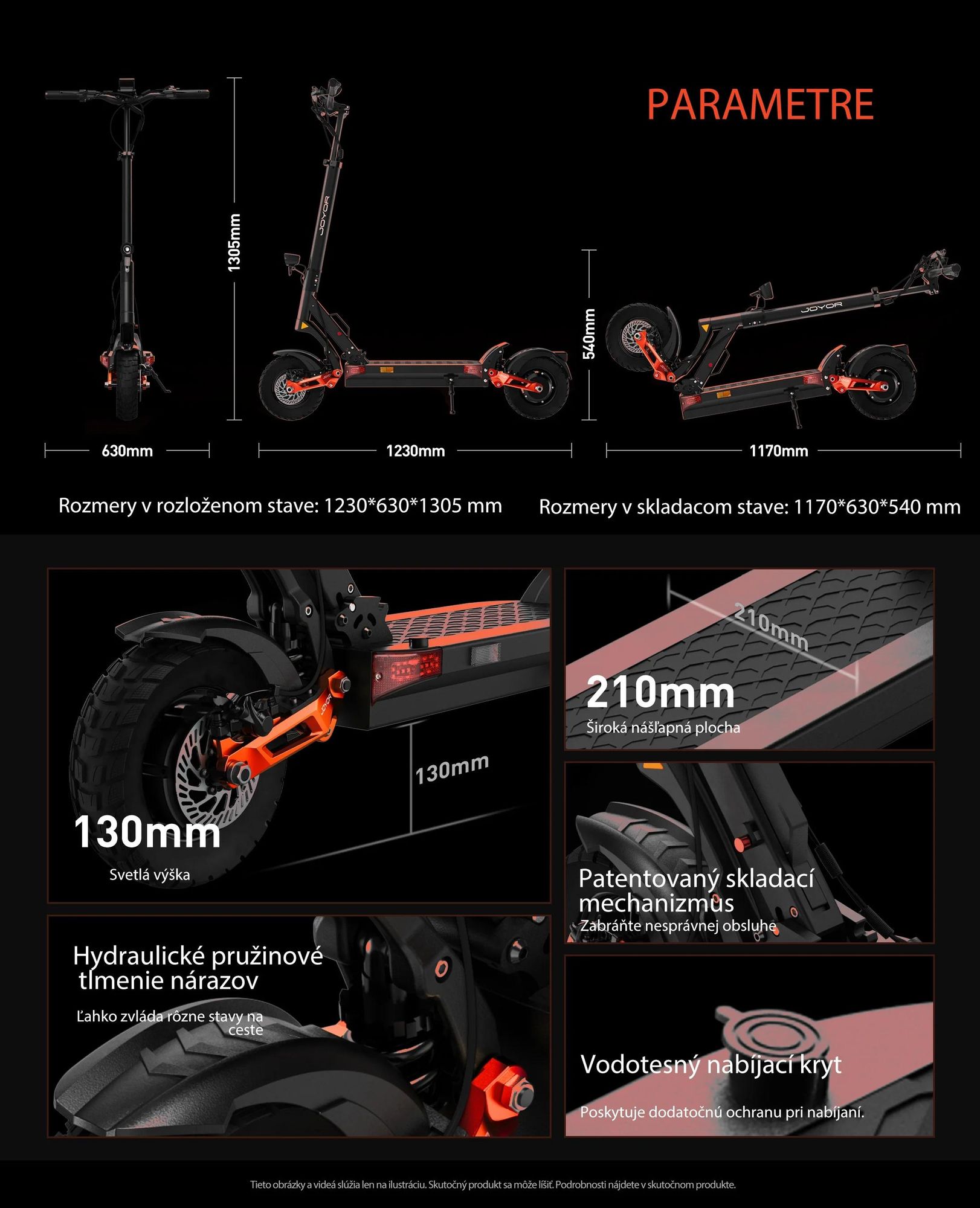JOYOR T10 Skladateľný Elektrický Kolobežka - 2×1000W Motor 60V18AH Batéria 10-palcové Pneumatiky Hydraulické Kotúčové Brzdy - Čierna