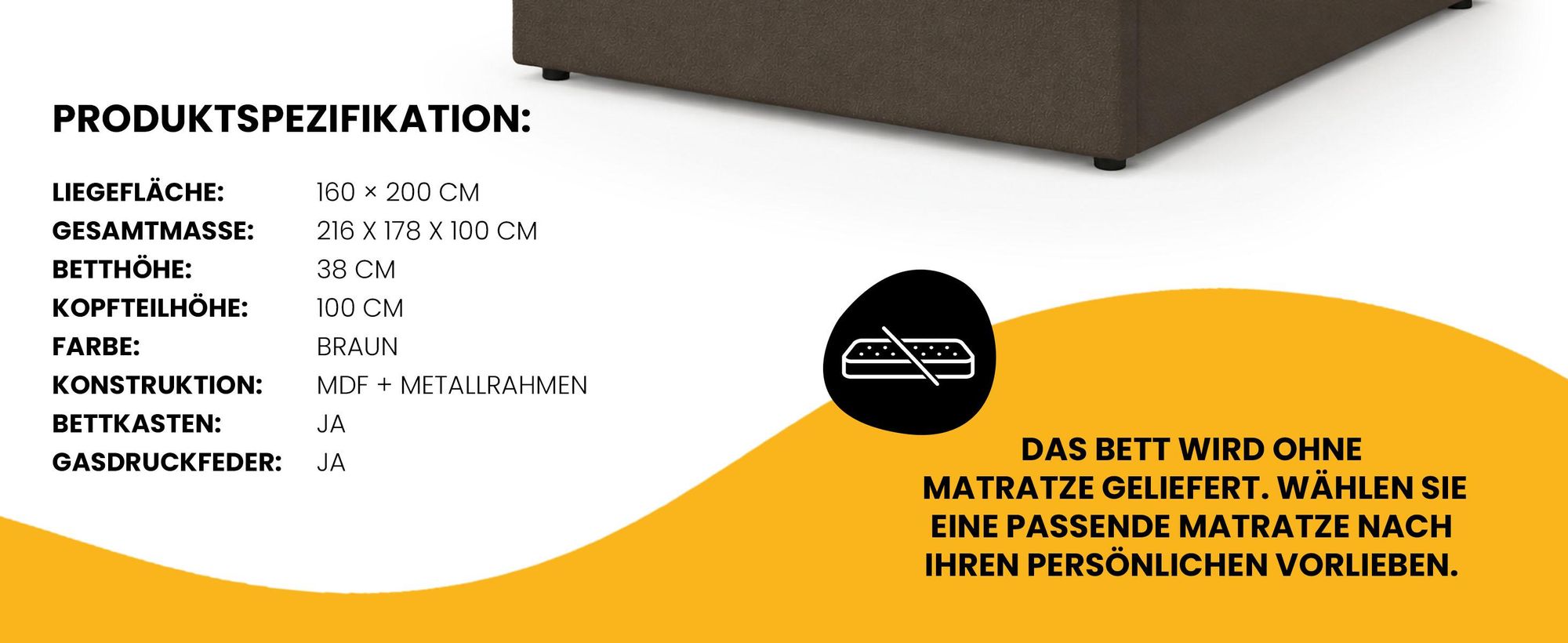 Polsterbett 160x200 mit Bettkasten - Braun - Metallgestell - mit Stauraum - Bettrahmen mit Lattenrost - Gasfeder - Doppelbett - Ohne Matratze