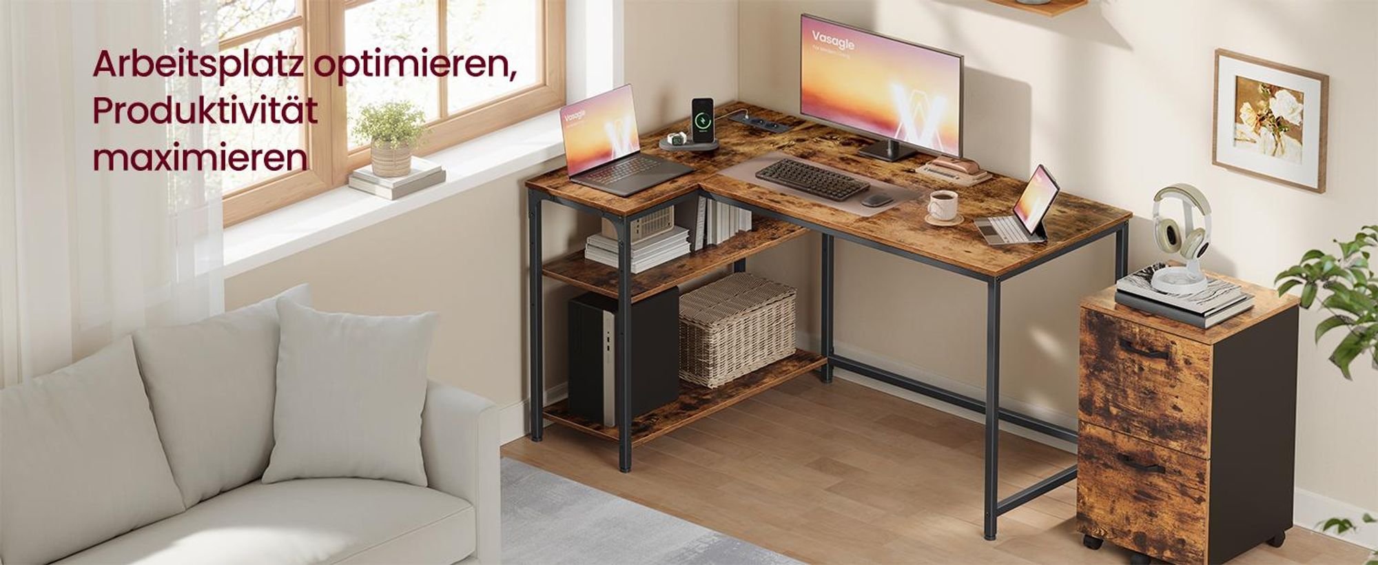 VASAGLE Schreibtisch mit Stauraum, L-Form Computertisch, höhenverstellbare Ablage, Büro, mit Ladestation, 120 x 80 cm, braun