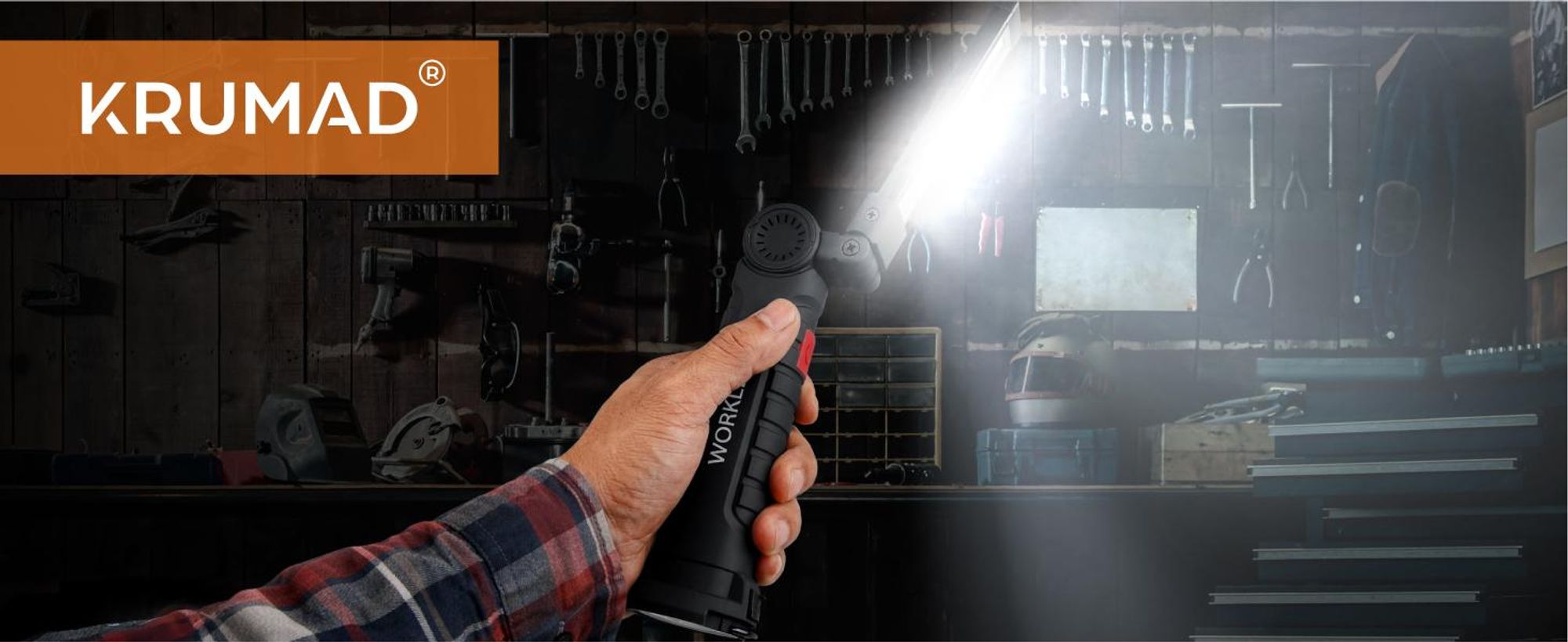 KRUMAD LED Werkstattlampe mit Magnetbasis und Akku, Wassertropfsicher, Verstellbare Arbeitsleuchte, USB-Aufladung, Kompakt für Garage und Outdoor