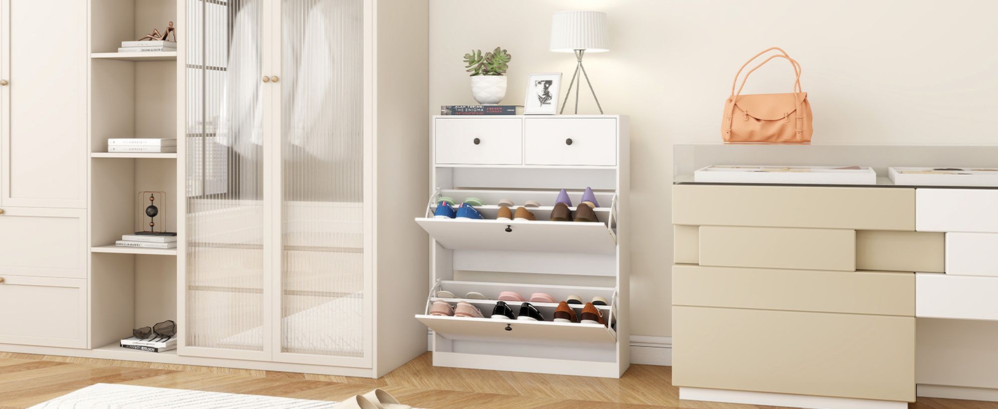 Puluomis Schuhschrank Schuhkipper mit 2 Schubladen und verstellbaren Regalen,24x80x106cm Höhe mit Kippschutz, weiß