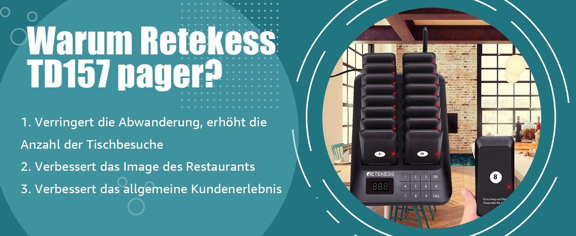 Retekess TD157 Restaurant Pager System, 16 Pagers, 500M Pager Rufsystem, 2 Rufmod, 24H, Pager Pieper für Food Court, Hotel, Café, Bar, 998 Kanäle
