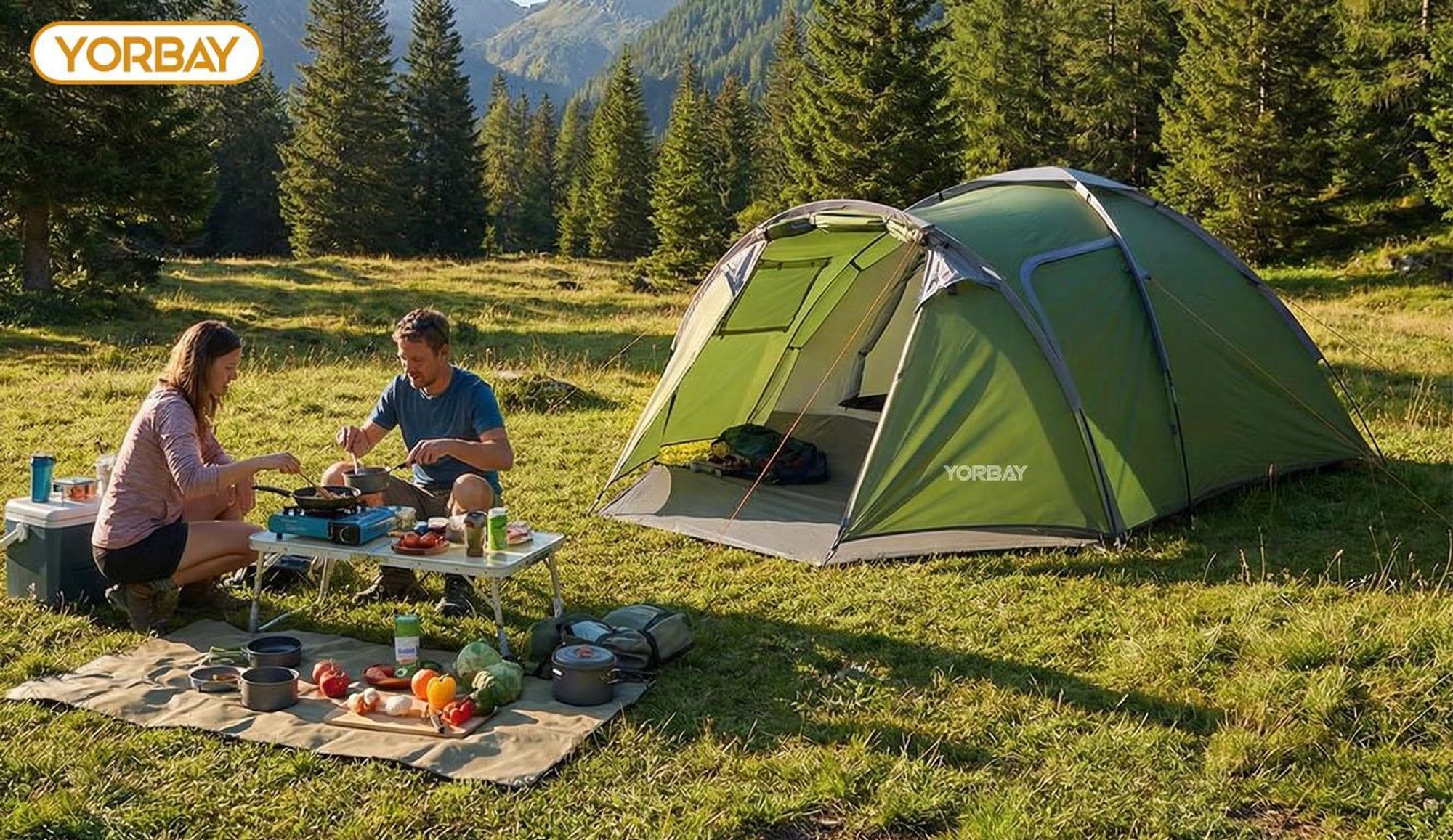 Yorbay Campingzelt mit Vorraum für 3-4 Personen,Leichtes Tunnelzelt (wasserdichtes Zelt mit UV-Schutz 50), für Camping, Reisen, Trekking, Garten,