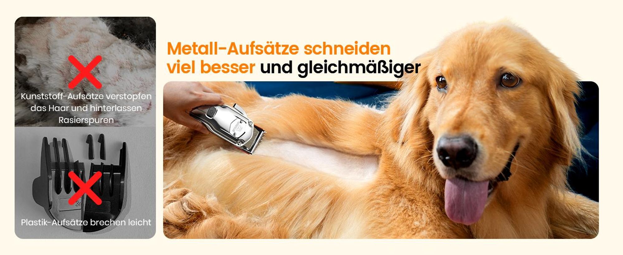 Oneisall Hundeschermaschine für dickes Fell, kabellos & wasserdicht, Metalkämme