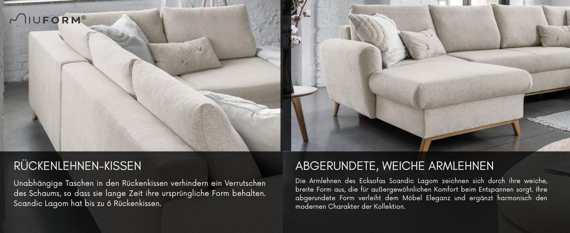 MIUFORM Scandic Lagom - Ecksofa mit Bettfunktion und Bettkasten U-FORM LINKS - 312x202 cm - Beige - Sofa Schlafsofa Couch