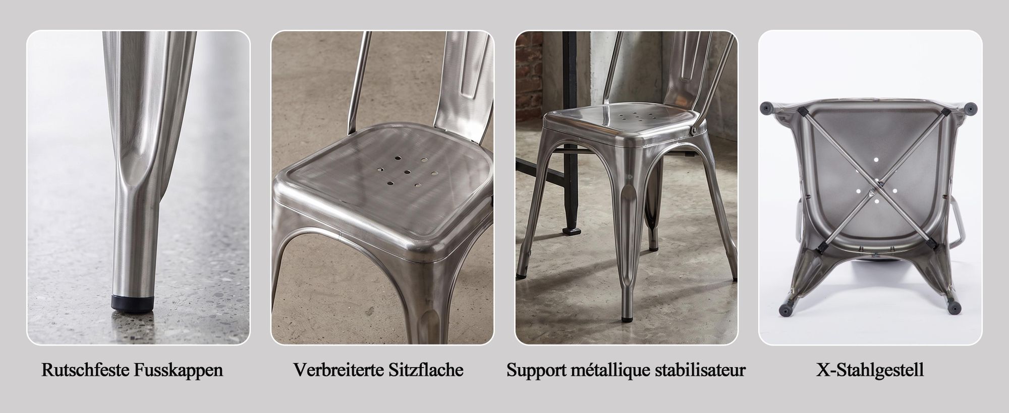 4x Chaise de cuisine Chaise de salle à manger en METAL Assise en bois empilable, Couleur:Métallique, Matériau:Métal
