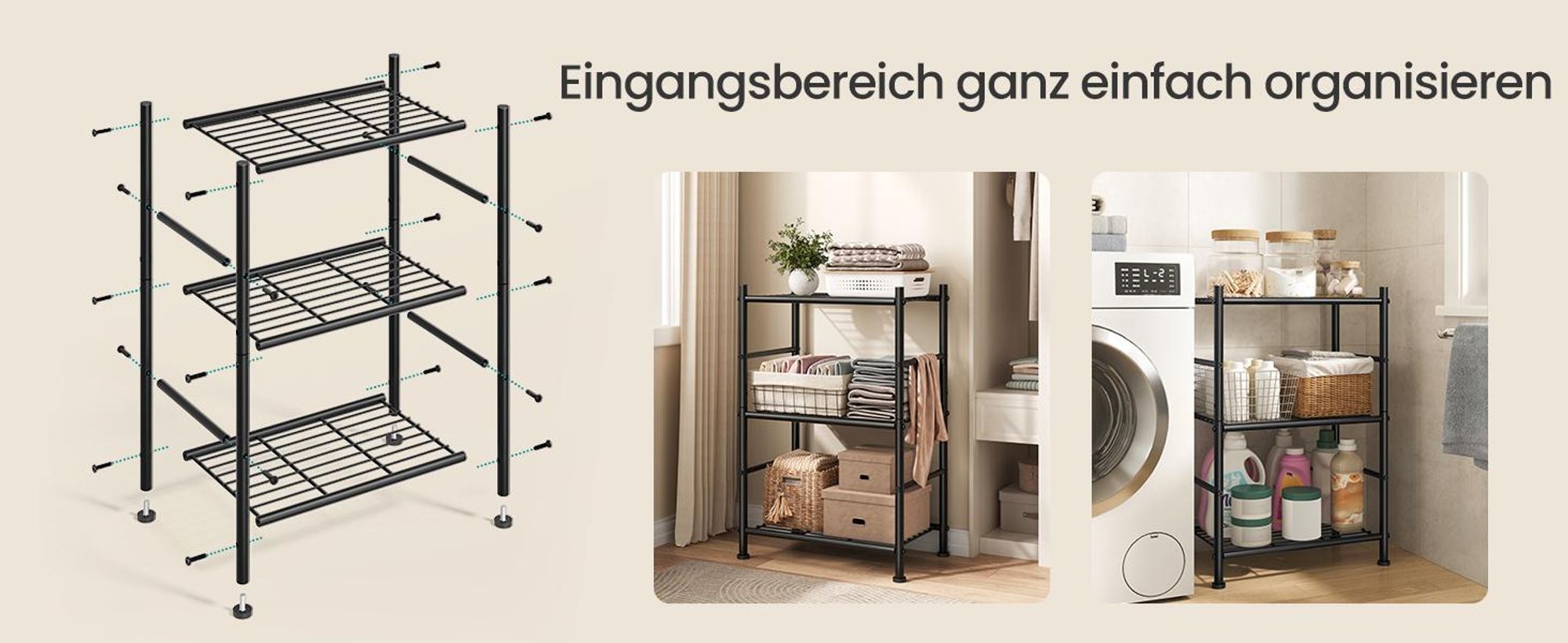 SONGMICS Standregal aus Stahl mit 3 Ebenen, Robustes Aufbewahrungsregal für Küche, 40 x 30 x 77,5 cm, Schwarz