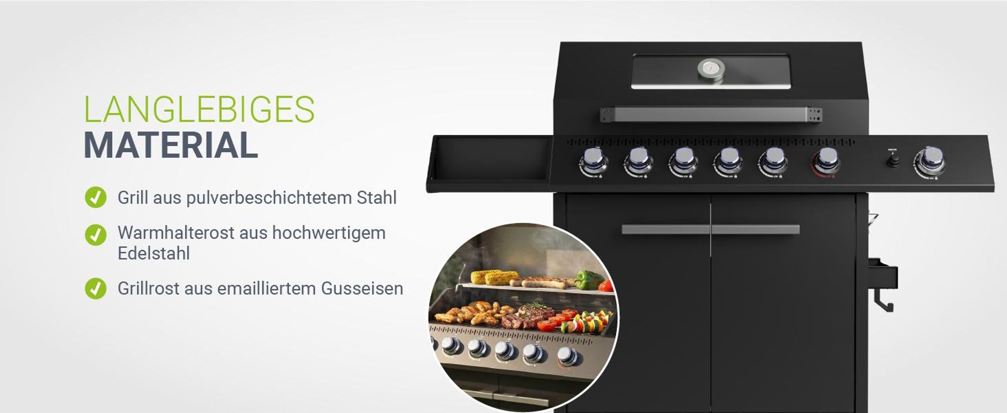 JUSKYS® Gasgrill Tennessee 6+1 mit Edelstahlbrennern & LED-Regler und Sichtfenster