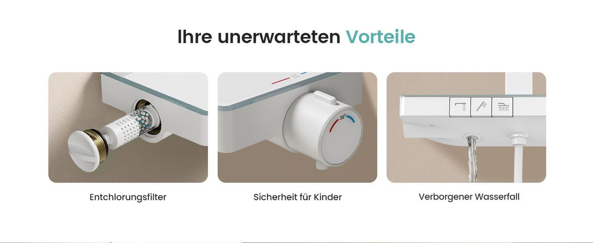 EMKE Duschsystem mit Thermostat, 36x24cm Regenduschkopf, Regendusche mit Glasablage, Handbrause mit 4 Strahlstärken, Bad- & Duscharmaturen, Weiß Matt