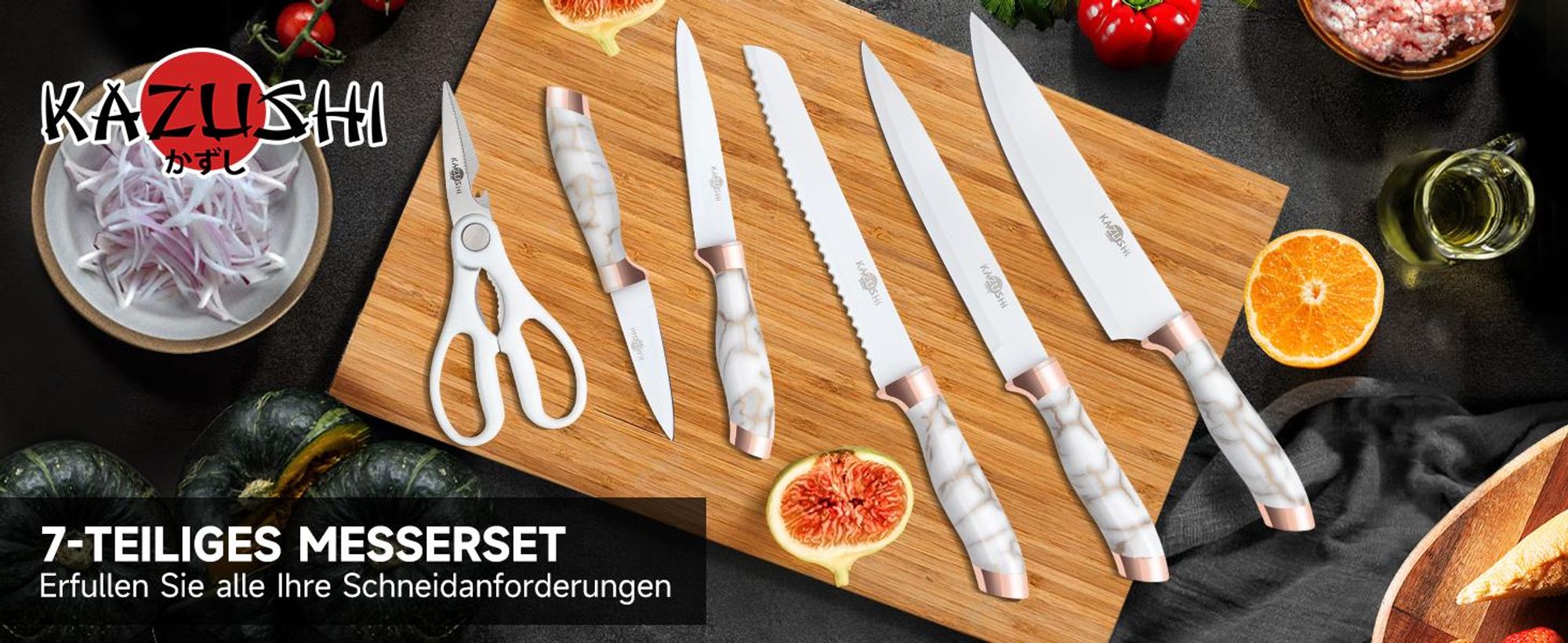 KAZUSHI Messerblock mit Messer 7-teilig, Selbstschärfender, Weiß Scharfe Küchenmesser, Profi Messerset mit Block, Edelstahl Messer Set (KA-KN71)