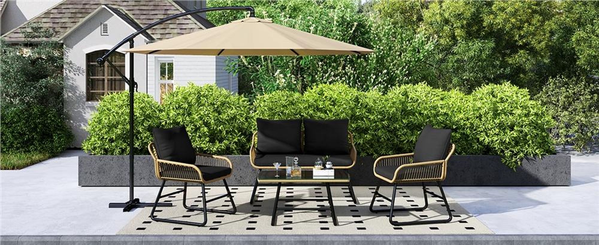 Yaheetech 4-tlg. Gartenmöbel-Set aus Polyrattan, 2-Sitzer & 2 Sessel & 1 Tisch, Lounge-Set mit Sitzkissen, Sitzgruppe für Balkon Terrasse, Bohème-Stil