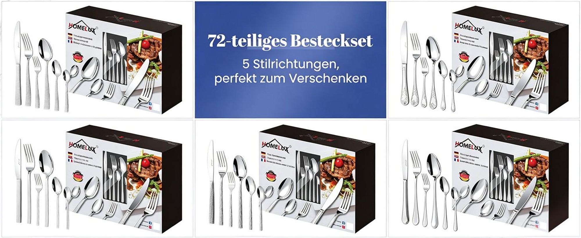 Besteck Set 12 Personen,72-tlg Edelstahl Besteckset,Cutlery Set mit Messer Gabel Löffel,6-tlg Essbesteck HL-G1806