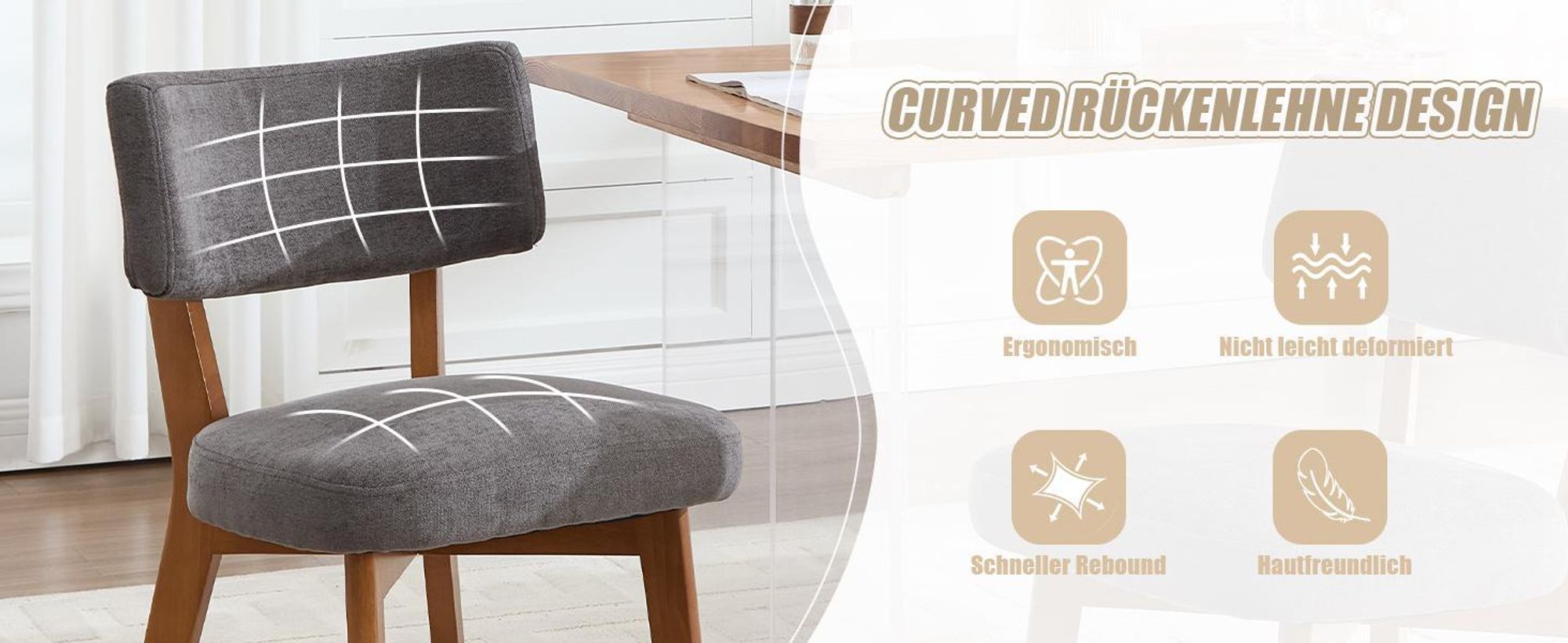 LVHOM Massiver Polsterstuhl 2er Set mit Leinenbezug, Ergonomischer Esszimmerstuhl mit Rückenlehne, Küchenstuhl, Mid Century Wohnzimmerstuhl, Grau