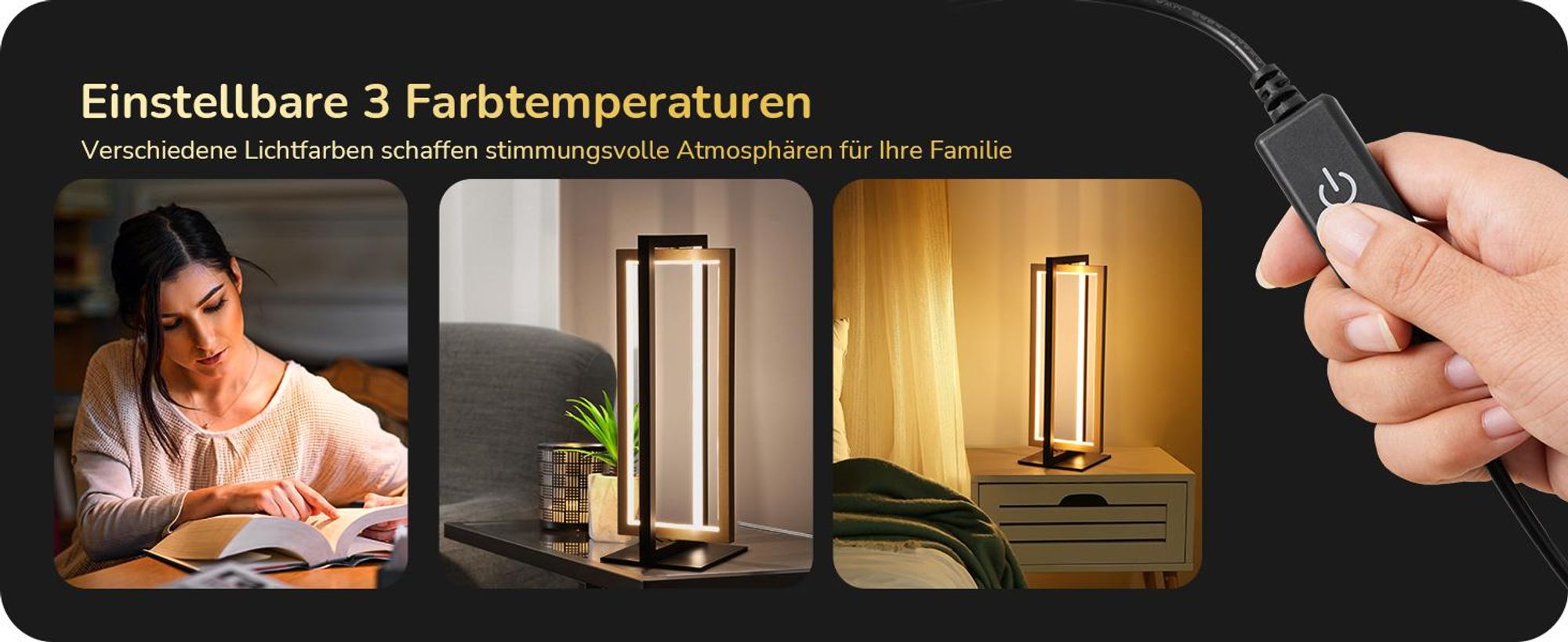 EDISHINE LED Tischlampe Touch Dimmbar, Rotatable Nachttischlampe, Schwarz Gold