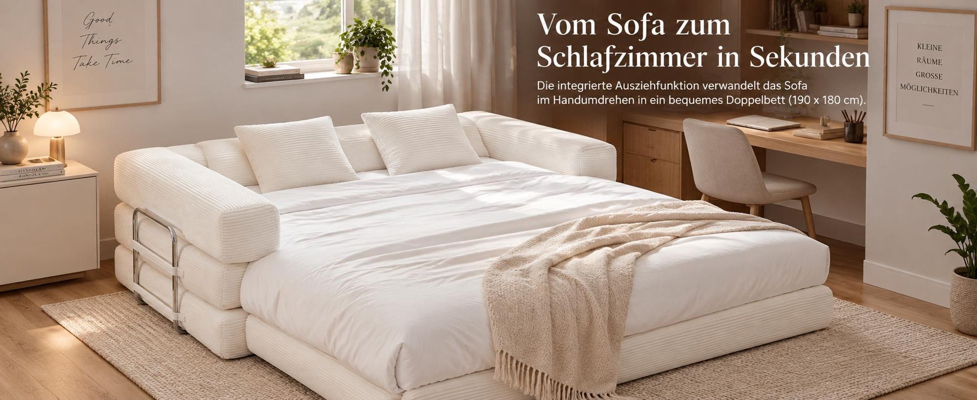 PixelPilot Schlafsofa 2-Sitzer aus Cord, ausklappbar, modular & montagefrei, weich und robust für Wohnzimmer
