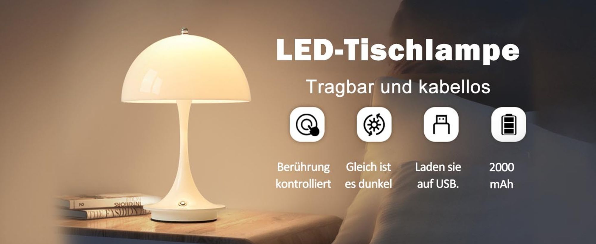 KUGI LED Tischlampe kabellos mit Touch Dimmbare LED Akku,Nachttischlampe,Pilz Tischleuchte USB Aufladbar,Schreibtisch Lampe Acryl