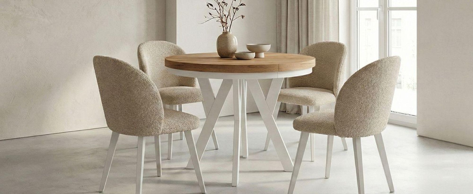 Runder Ausziehbarer Tisch für Esszimmer, PERO, Loft-Stil, Skandinavische, Durchmesser: 90 / 190 cm, Farbe: Eiche Lancelot / Weiß