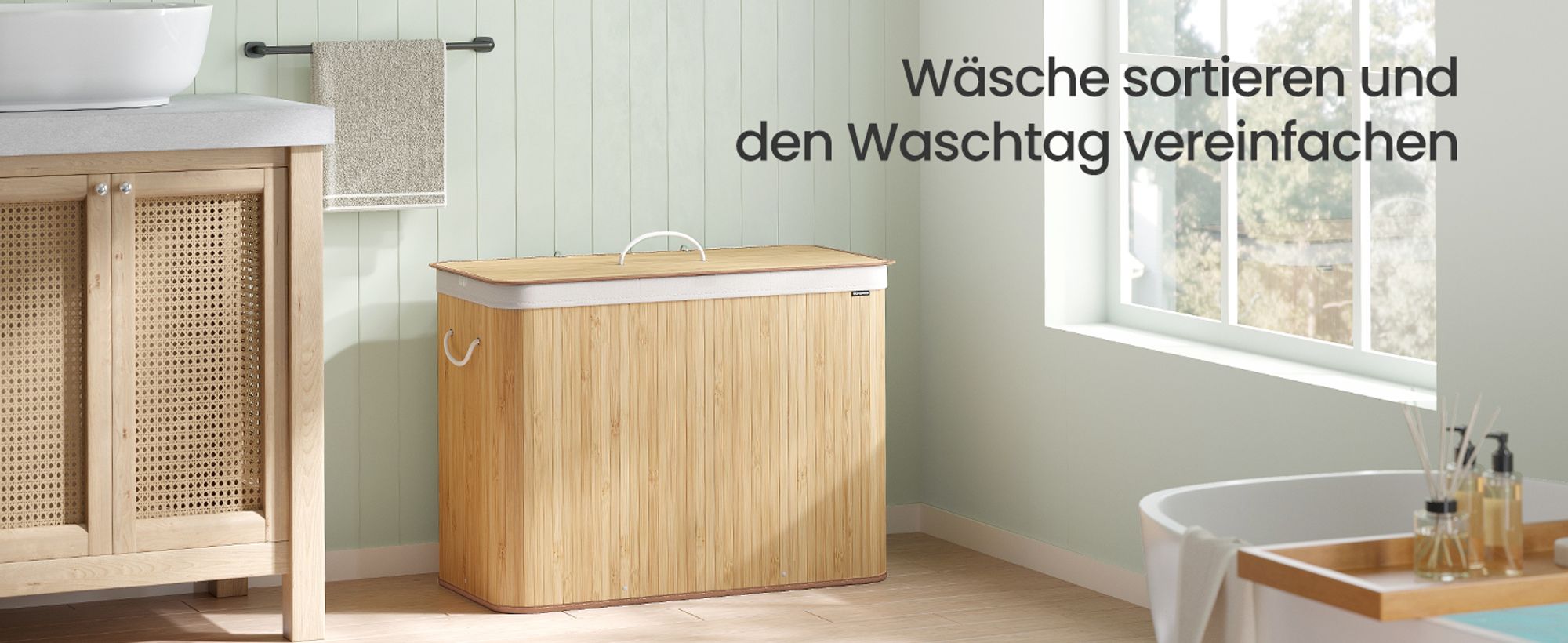 SONGMICS Wäschekorb mit Deckel, 3 Fächer, 170 Liter, Wäschesammler aus Bambus, faltbar
