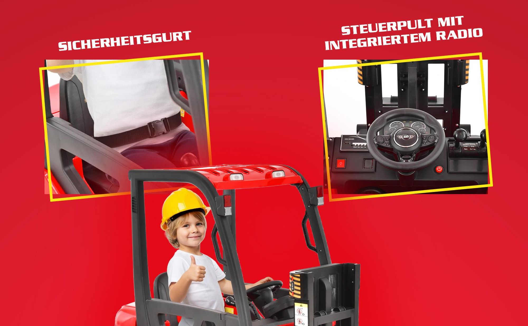 Kinder Gabelstapler 52108 Rot mit Fernbedienung bis 6 km/h | 2x40W | Radio, USB & BLuetooth | mit Licht