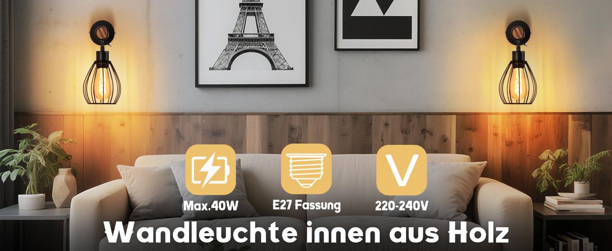 ZMH Wandlampe Schwarz Wandleuchte mit Schalter Vintage Holz Wandbeleuchtung E27 industrial Wandstrahler Metall Retro Bettlampe Ohne Leuchtmittel