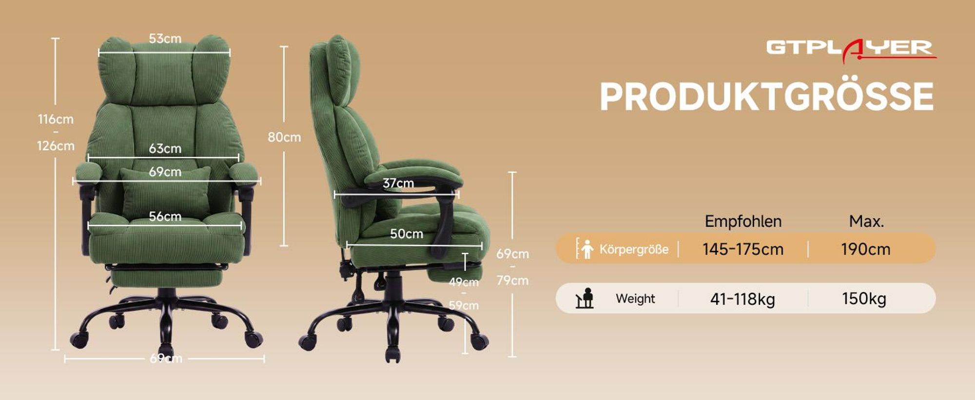 GTPLAYER Gaming Stuhl, Ergonomischer Bürostuhl mit Fußstütze und Lendenstütze, Hochlehner Chefsessel für Große, breiter Computersessel, Höhenverstellb