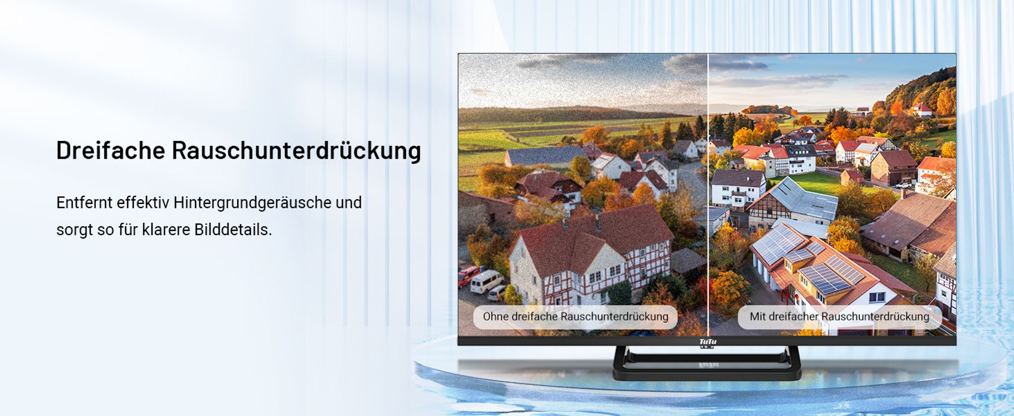 TuTu Standard TV - LED HD - 32 Zoll/82 cm - Randlos Design - Mittelfuß - Tripple Tuner DVB-T/T2/S/S2/C - HDMI x3, USB x2, CI+ - Montiert in Eindhoven - TUB32HN1NC