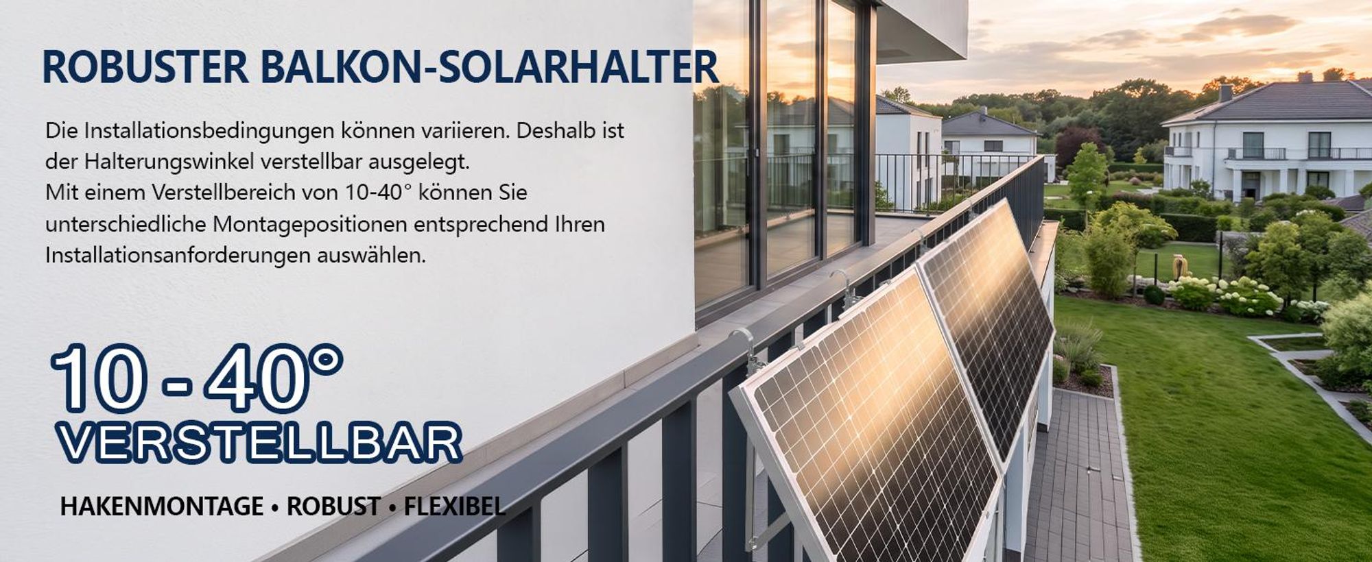 Schwerlast Balkonkraftwerk Halterung für 1 Solarmodul 400–600 W, bis 1134 mm, 10°–40° verstellbar, Aluminium, für Balkon, Flachdach & Wand