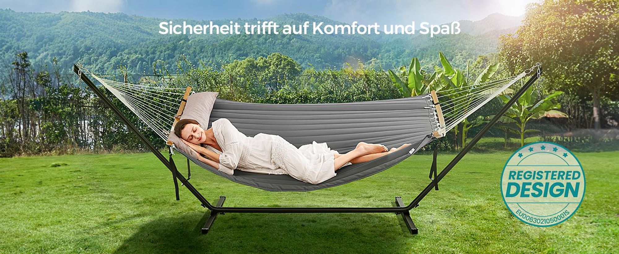 SONGMICS Hängematte mit Gestell, Kissen, bis 200 kg belastbar, Garten, grau