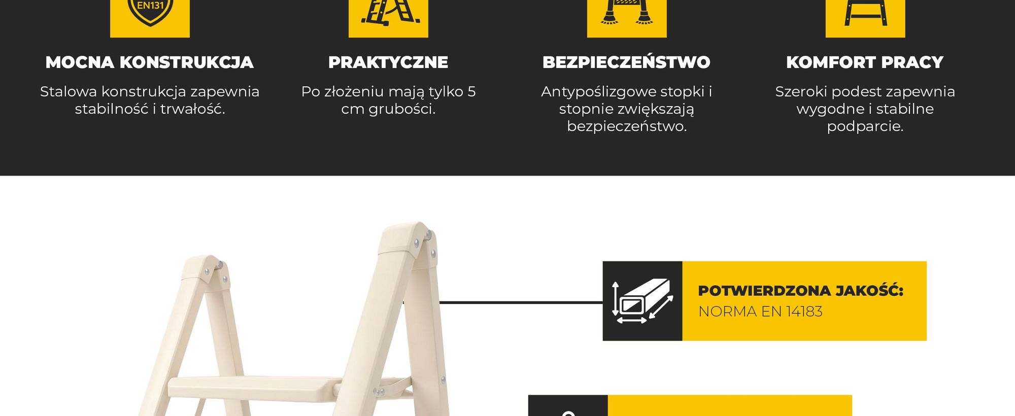 Drabest | Schodki pomocnicze - Model Slim - 2 stopnie - Składane - Maksymalne obciążenie 150 kg - Kolor kremowy