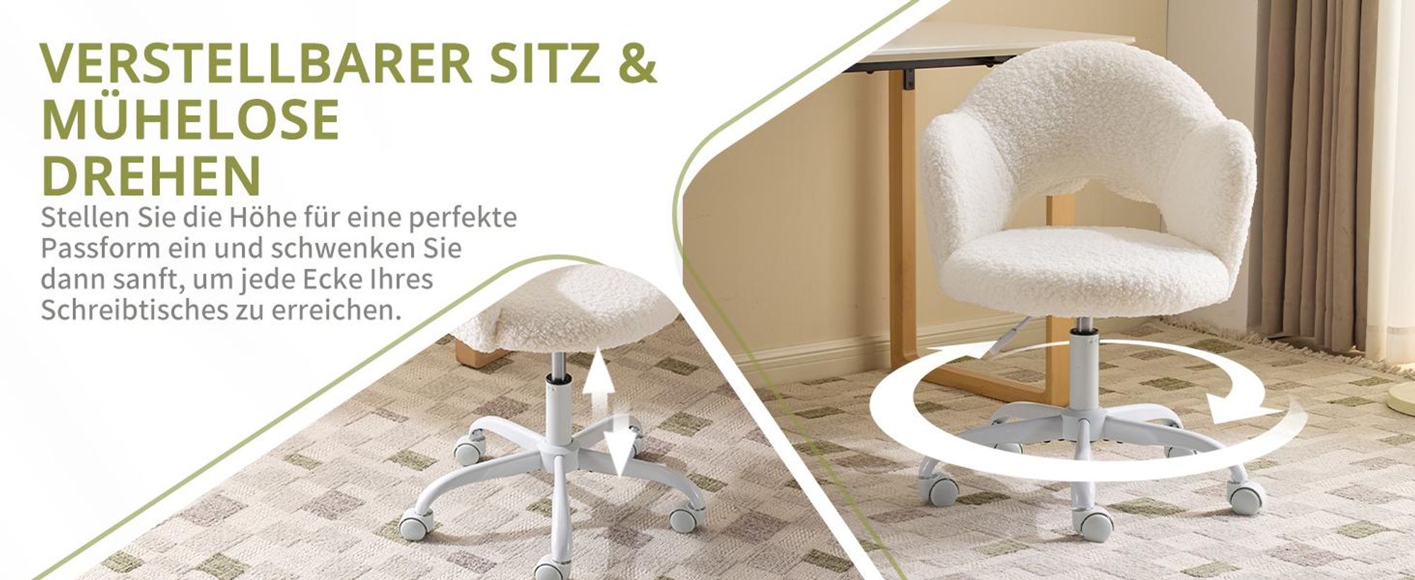 Alightup Drehstuhl in Blütenform mit Lendenkissen,Schreibtischstuhl, Gasfeder, Bezug aus Lammfellstoff, 1 Stück, 59×57×76‑85,5 cm, 360°, Weiß