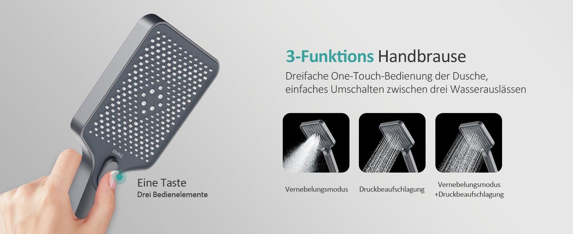 EMKE Duschsystem mit Thermostat Glasablage Handbrause 3 Strahlarten Regendusche, Bad- & Duscharmaturen, KTW-, Grau - F09