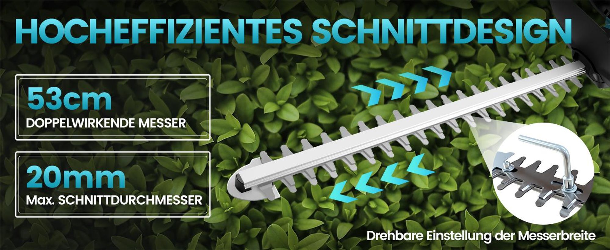 Akku Heckenschere 21V 1000W Brushless Motor 53cm Heckenschere mit 2 Akkus 4000mAh Akkustandsanzeige 180° Griff Garten